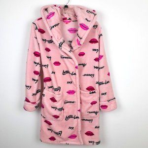 Betsey Johnson Novelty Plush Hooded Robe Size XS/S Blush Pink Kiss. Missing Belt